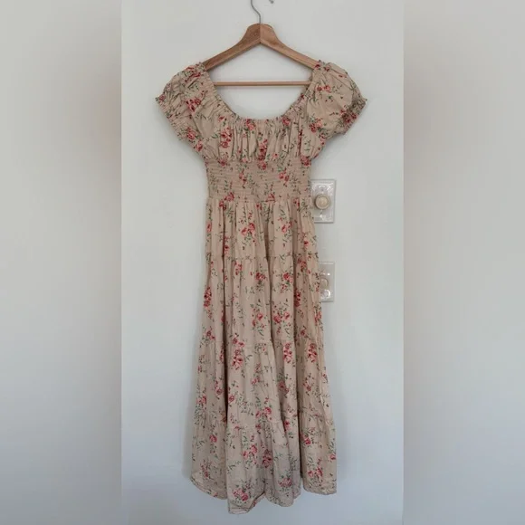 WeWoreWhat || Puff Sleeve Smocked Midi Dress in Dainty Floral Almond Milk Small - Picture 6 of 11